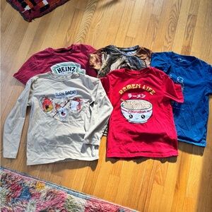 Lot of 5 Boys T-Shirts SZ 8/9 Kids Graphic Tees - Red, Blue, Beige, Dinosaur